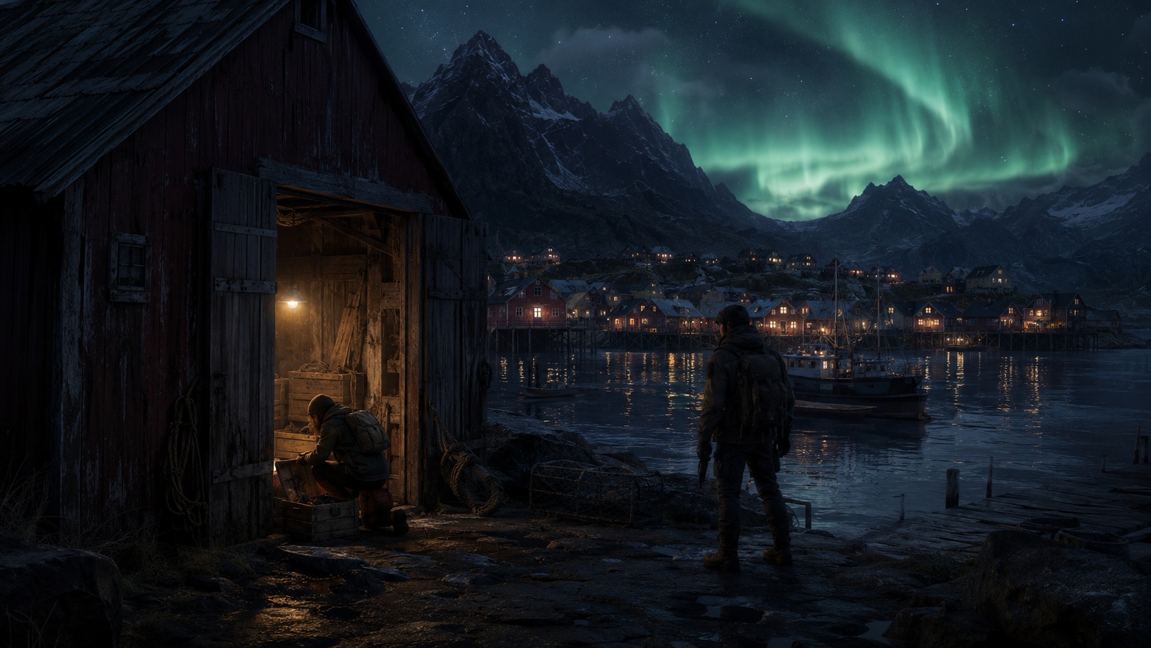 A fisherman at a boathouse, northern lights over the harbor village at night
