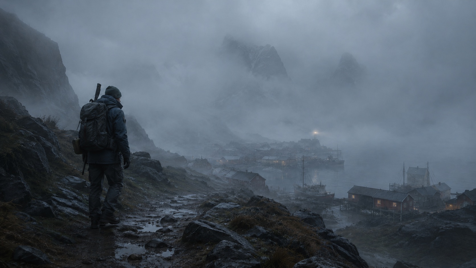 A traveler on a foggy trail overlooking a harbor town