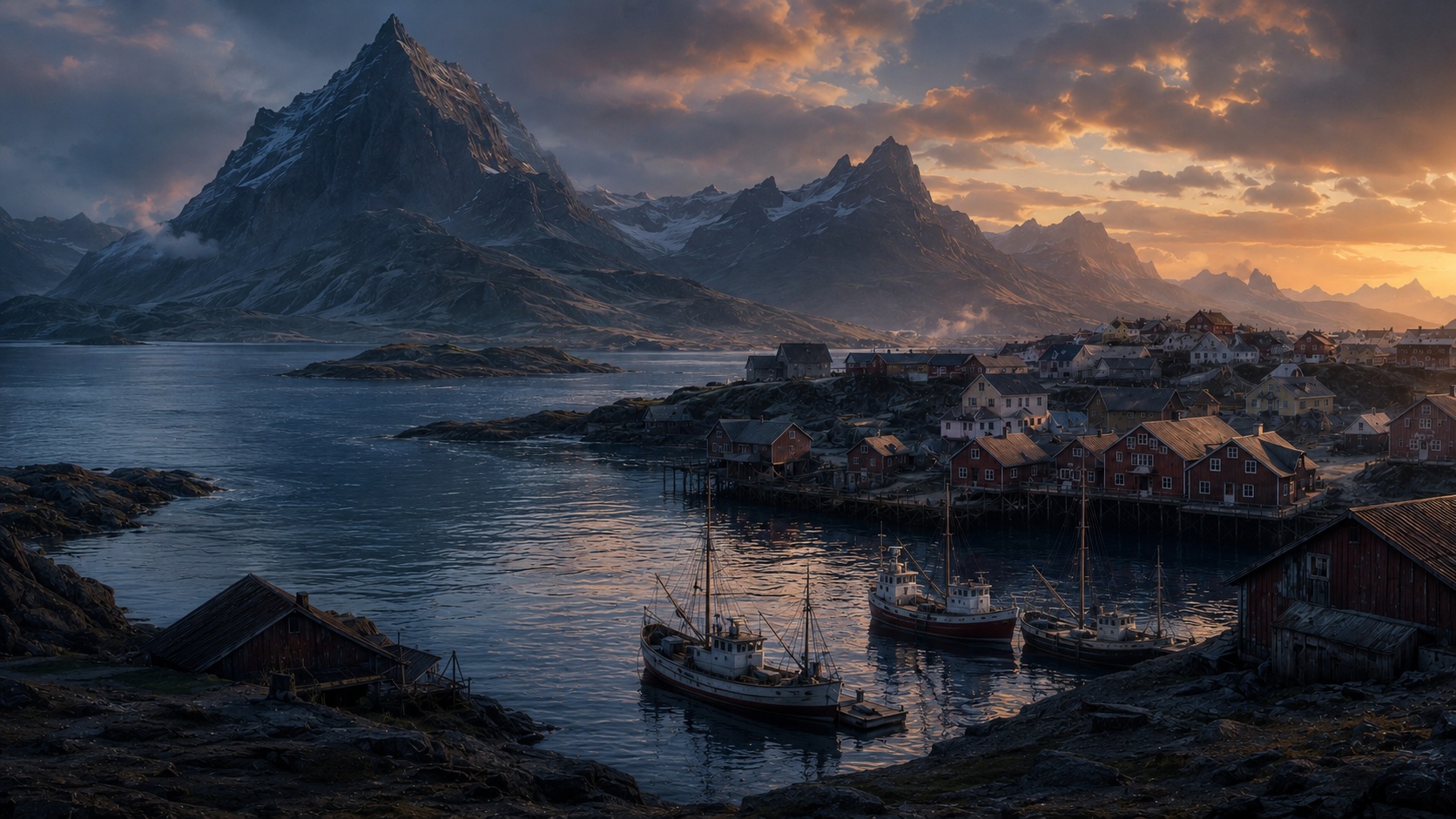 Fishing village on a fjord, seen from the coast at sunset