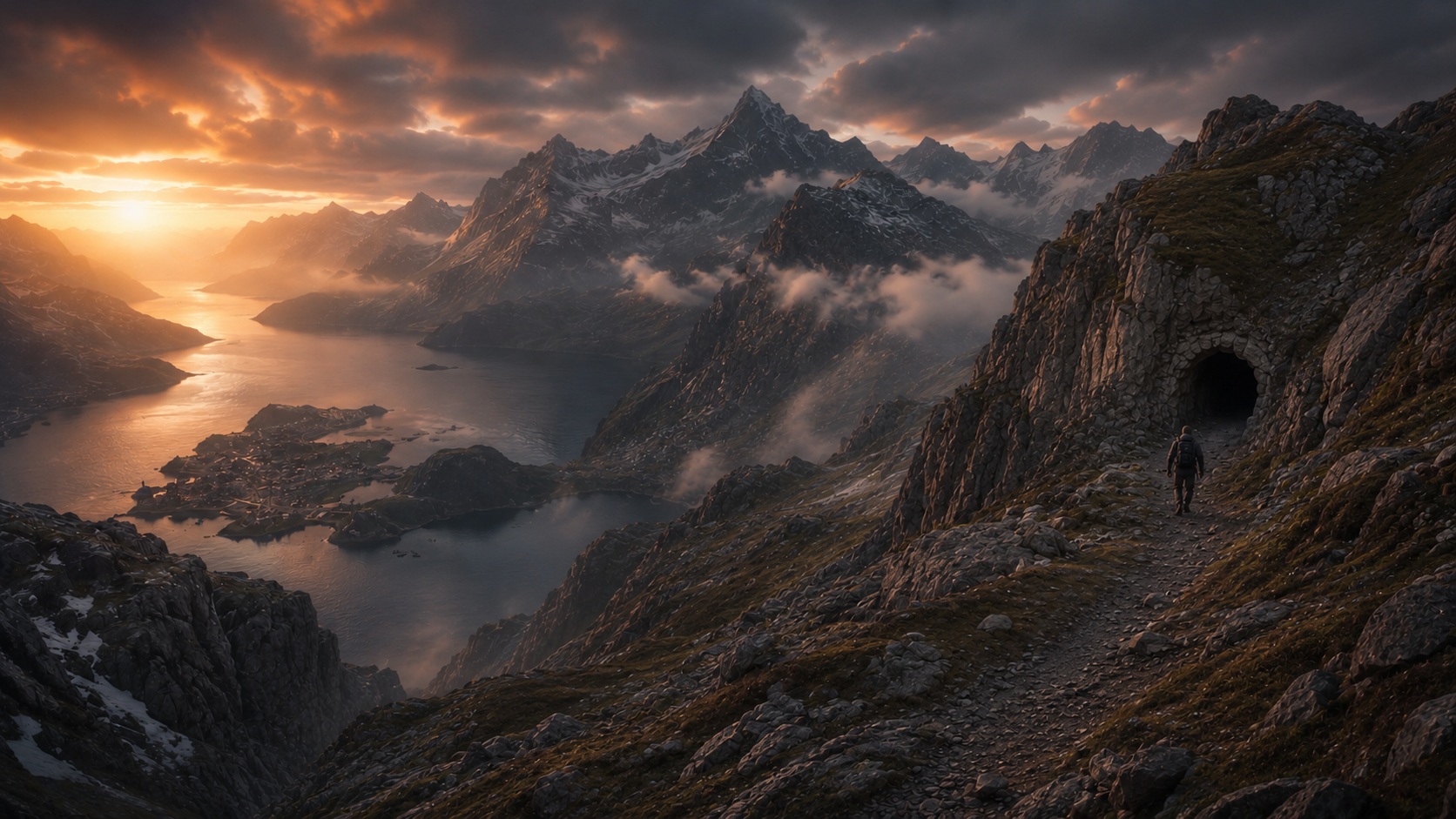 A hiker on a mountain trail leading to a cave entrance at sunset